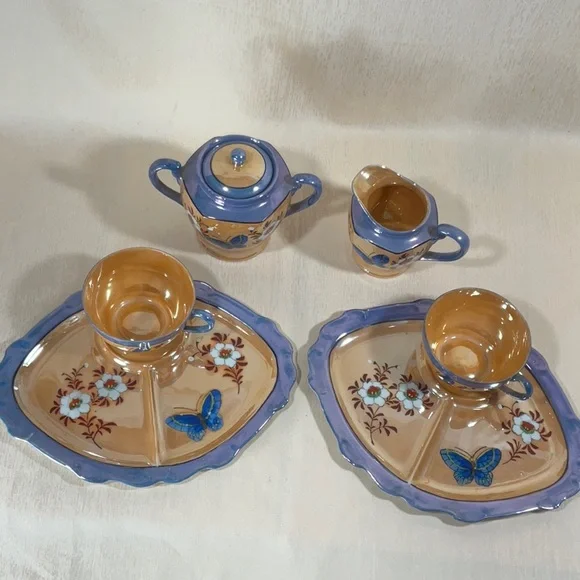 1950’s Japanese Lustreware Set, Sugar Bowl Creamer, 2 Divided Plates, 2 Tea Cups